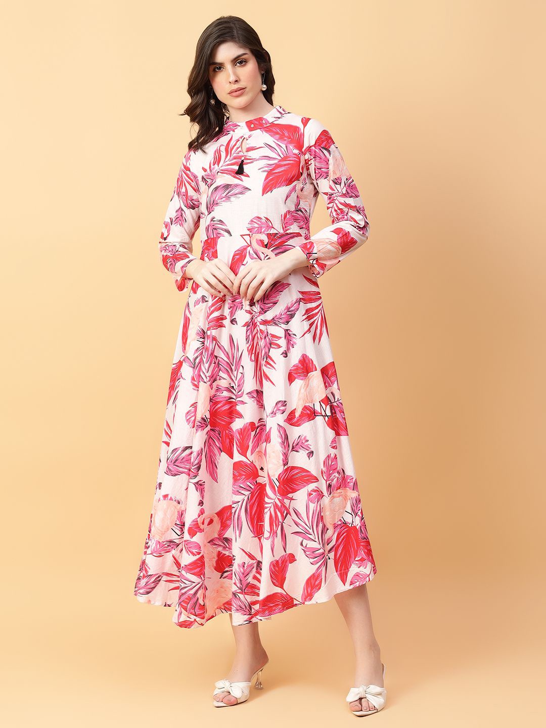 

aayusika Tropical Printed Cotton Fit and Flare Midi Dress, Red