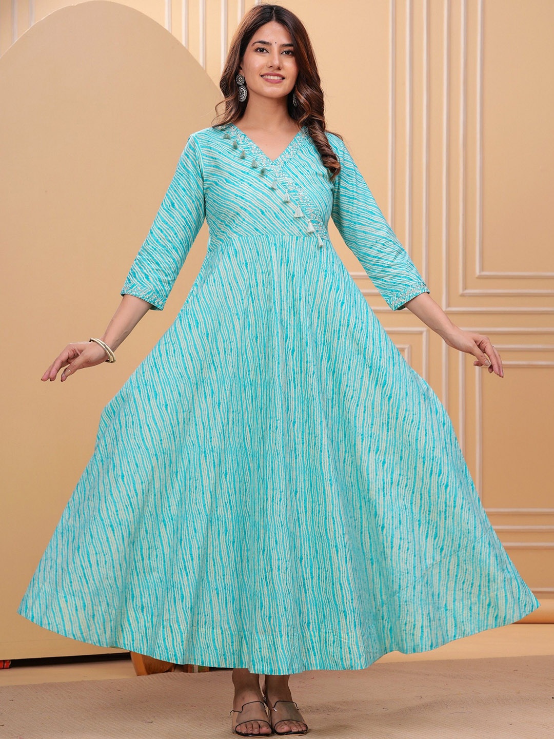 

Meeranshi Women Striped Cotton Flared Long Ethnic Dress, Blue