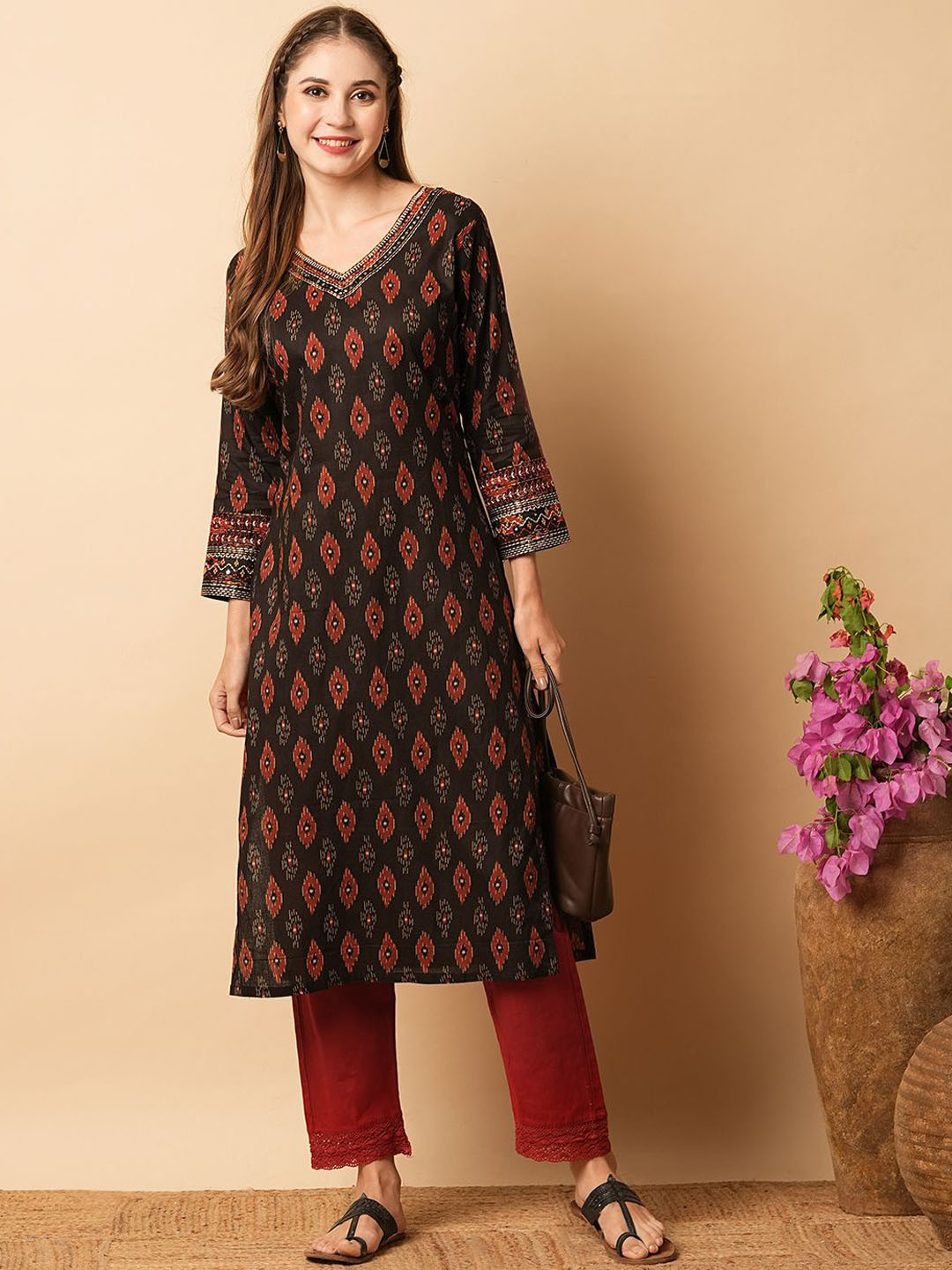 

FASHOR Abstract Printed Mirror Work Cotton Straight Kurta, Coffee brown