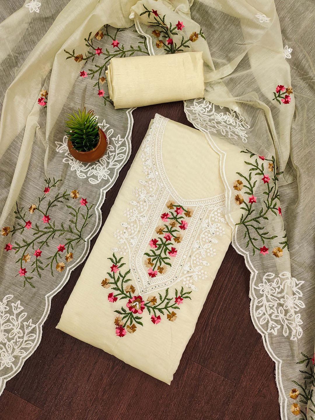 

KALINI Floral Embroidered Pure Cotton Unstitched Dress Material, Yellow