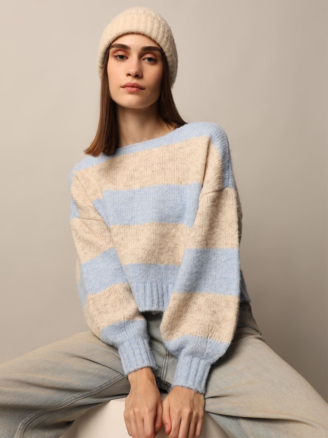 

ONLY Women Striped Regular Winter Pullover, Cream