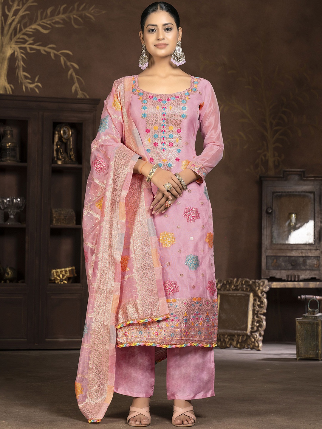 

Maroosh Floral Woven Design Organza Zari Unstitched Dress Material, Pink