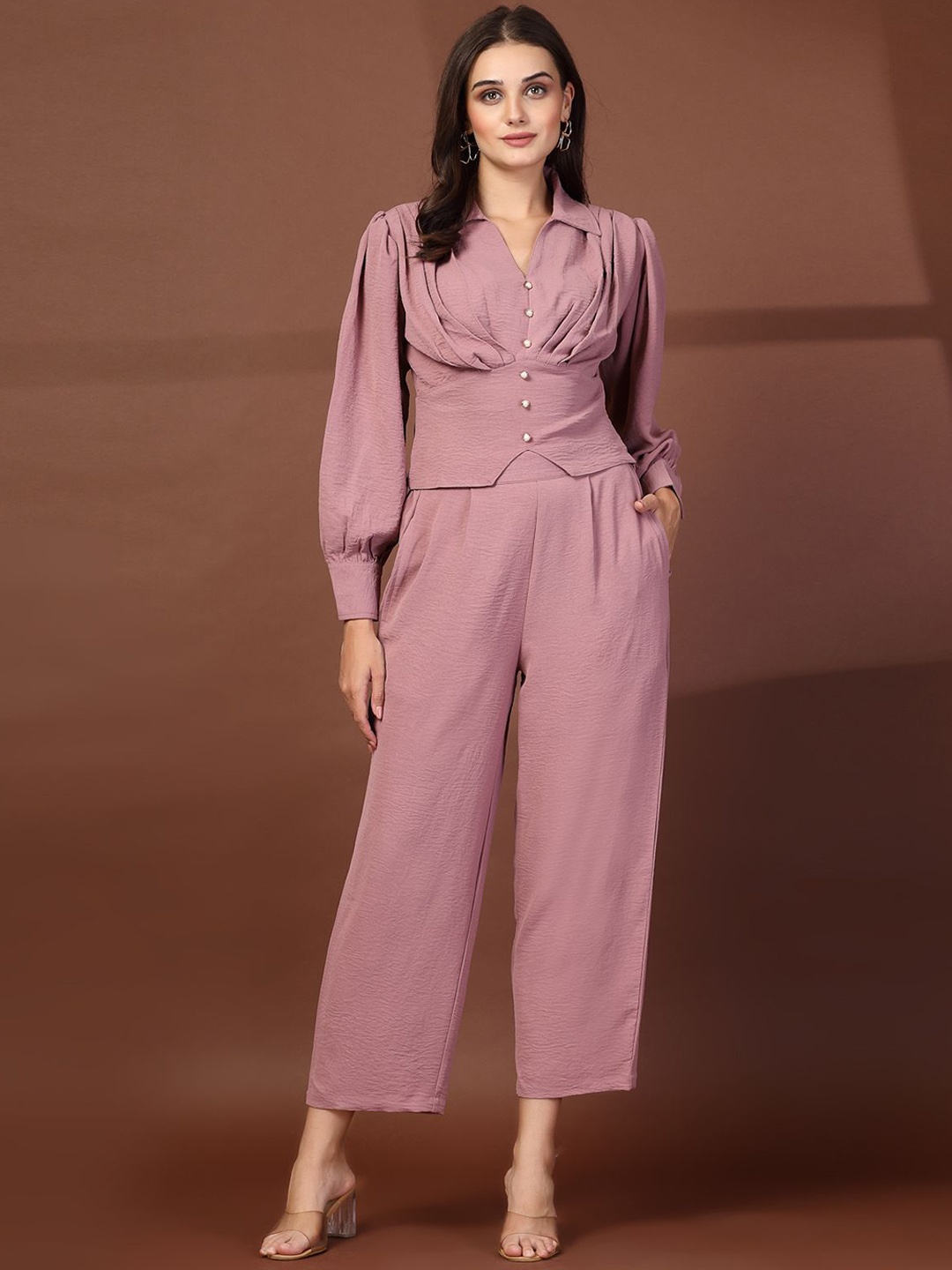 

plusS Pink Shirt Collar Long Sleeves Top With Trouser