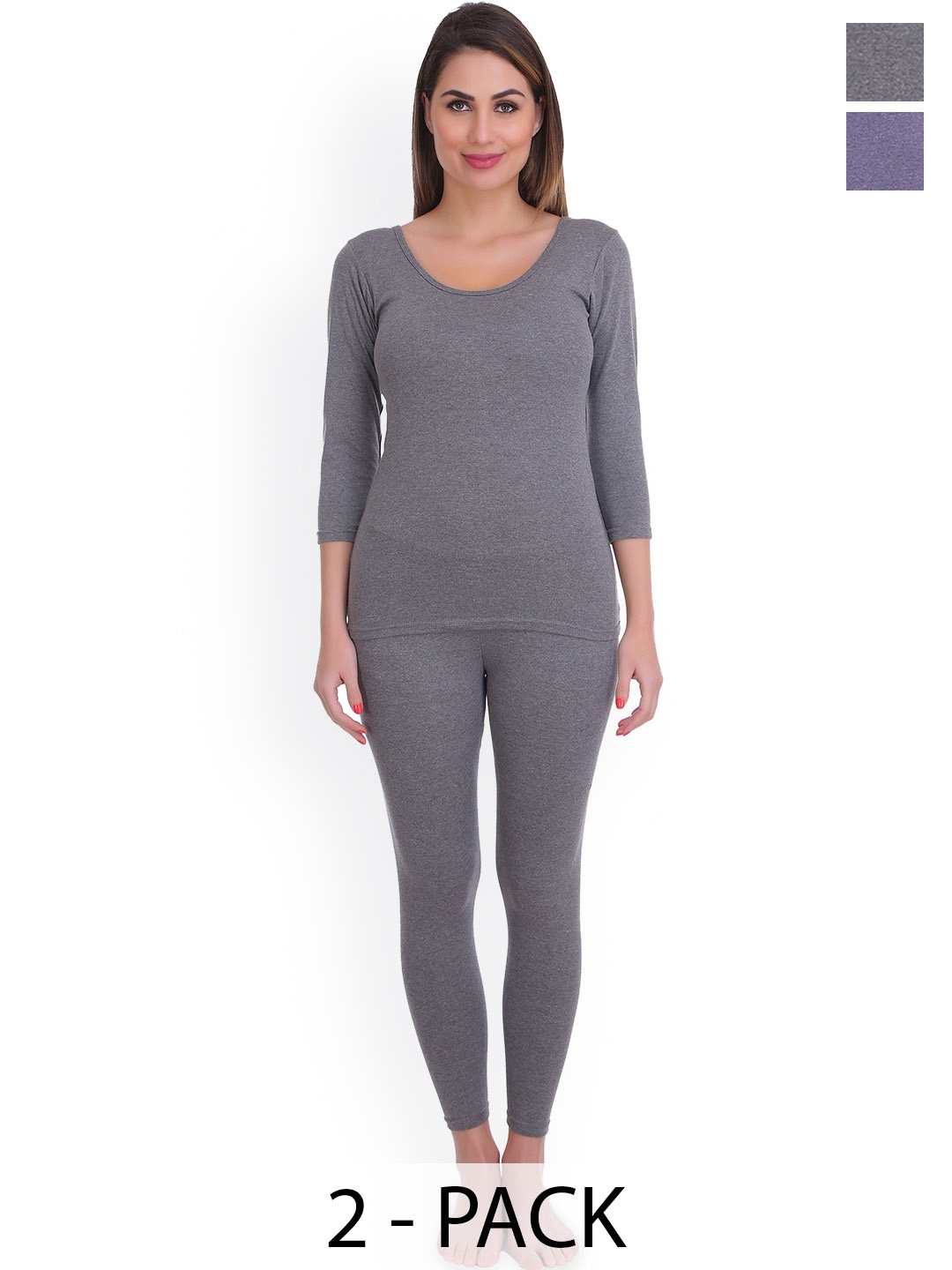 

SELFCARE Women Pack of 2 Round Neck Thermal Set, Charcoal