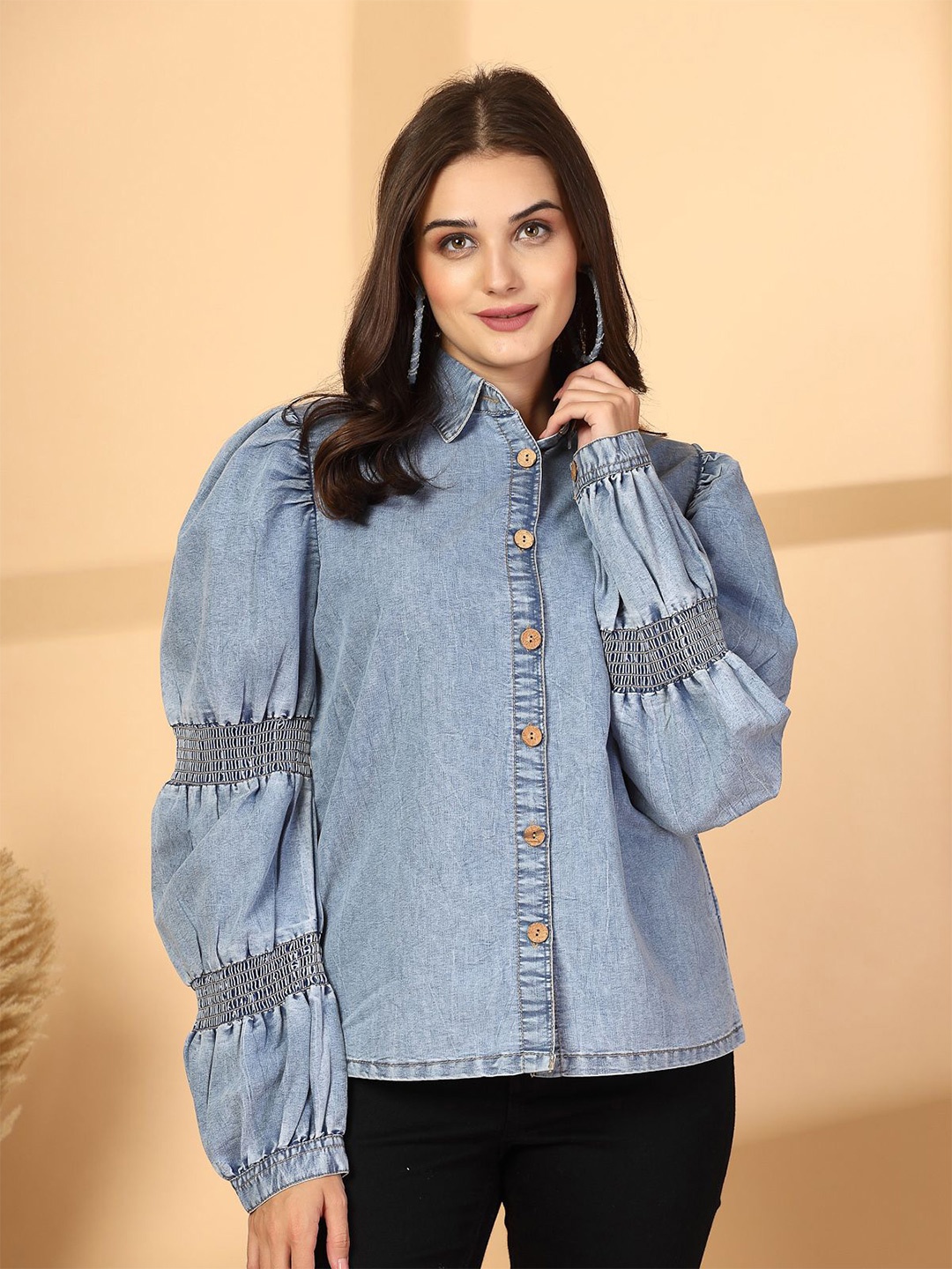 

plusS Women Spread Collar Solid Cotton Casual Shirt, Blue