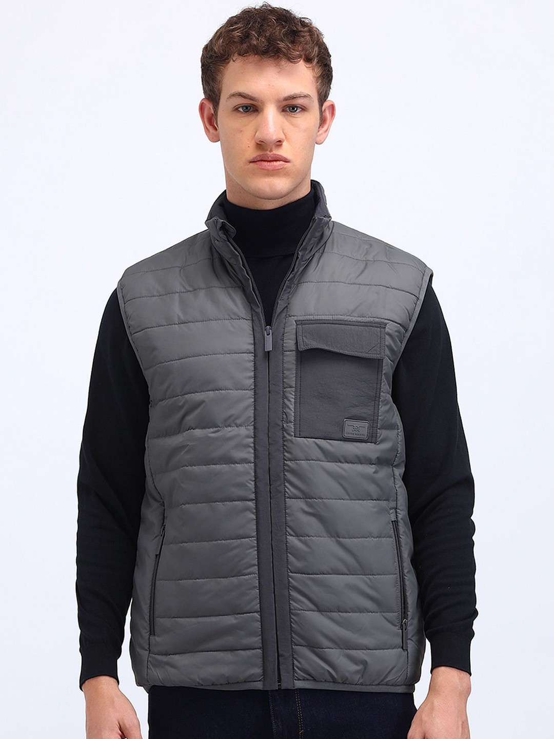

Flying Machine Men Mock Collar Solid Casual Padded Jacket, Grey
