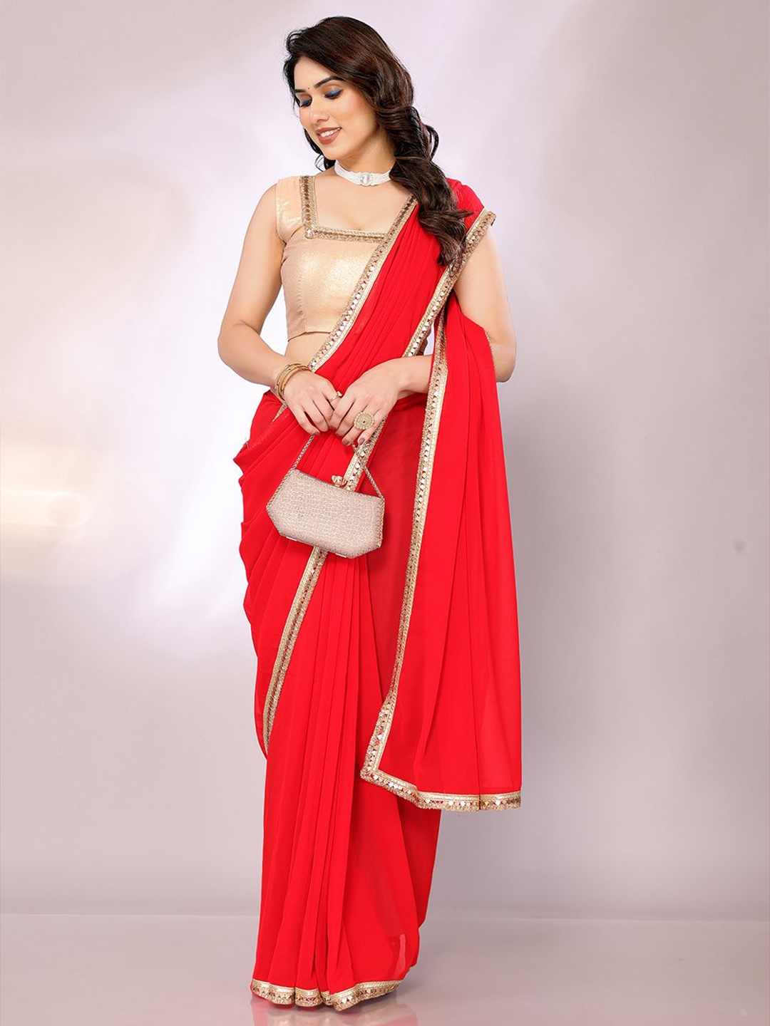 

FABMORA Women Embellished Border Pure Georgette Saree, Red