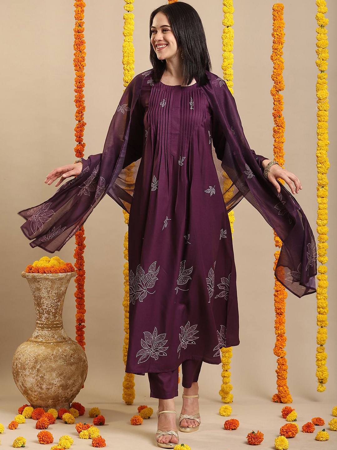 

Anni Designer Floral Printed Round Neck Straight Kurta With Trousers & Dupatta, Purple