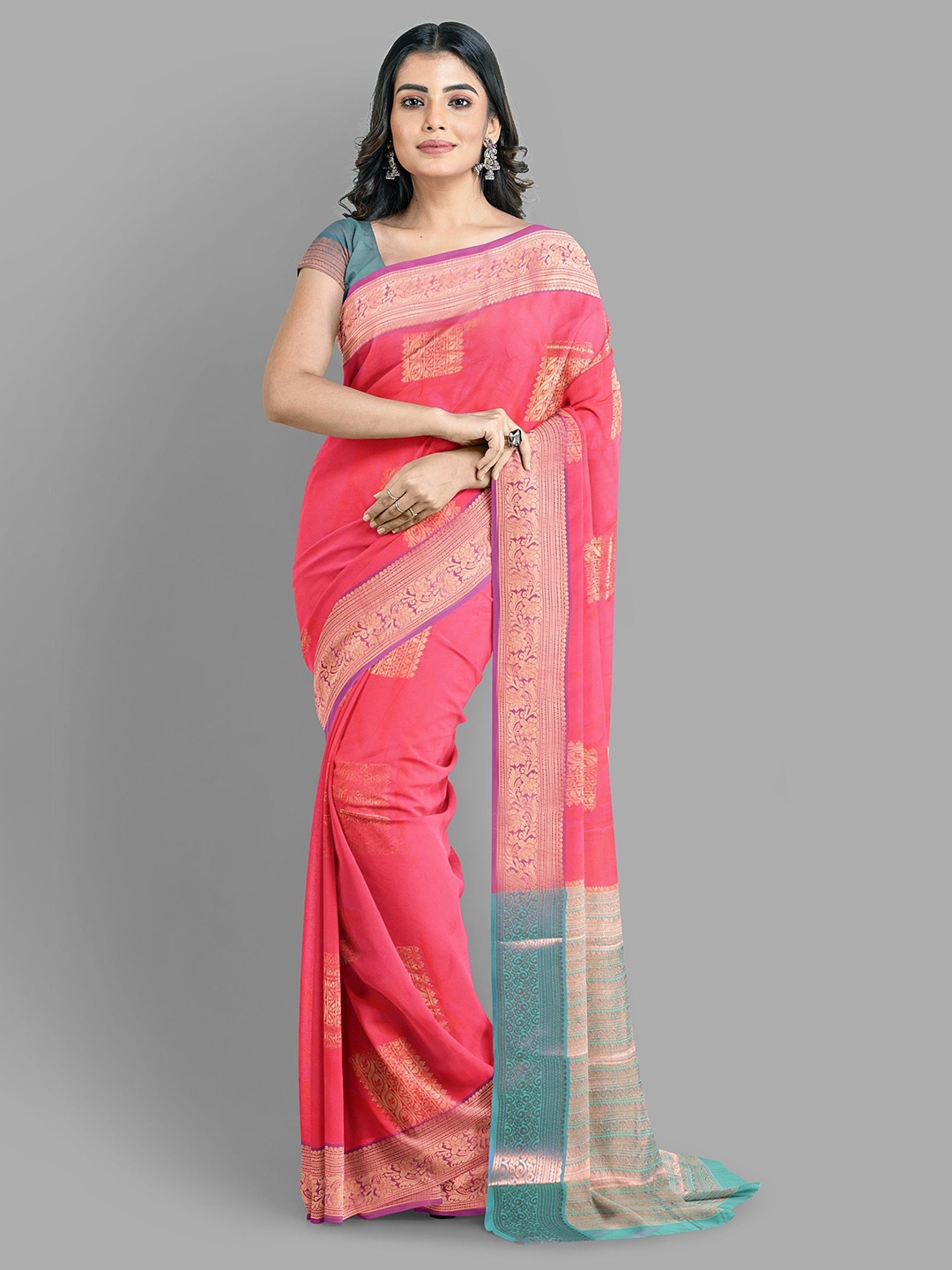 

The Chennai Silks Ethnic Motifs Woven Design Zari Baluchari Saree, Pink