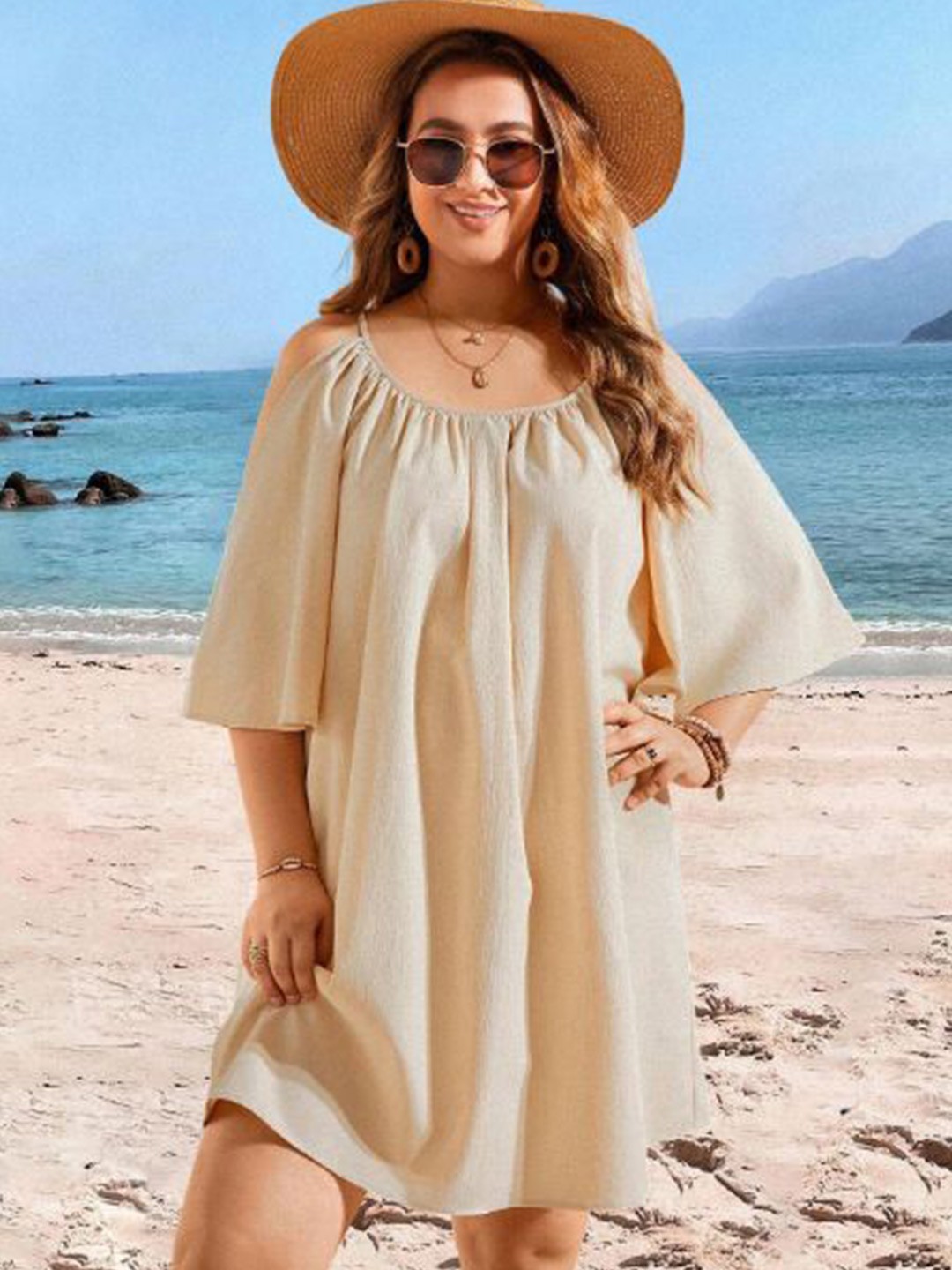 

StyleCast Women Cold-Shoulder Sleeves A-Line Knee Length Dress, Beige