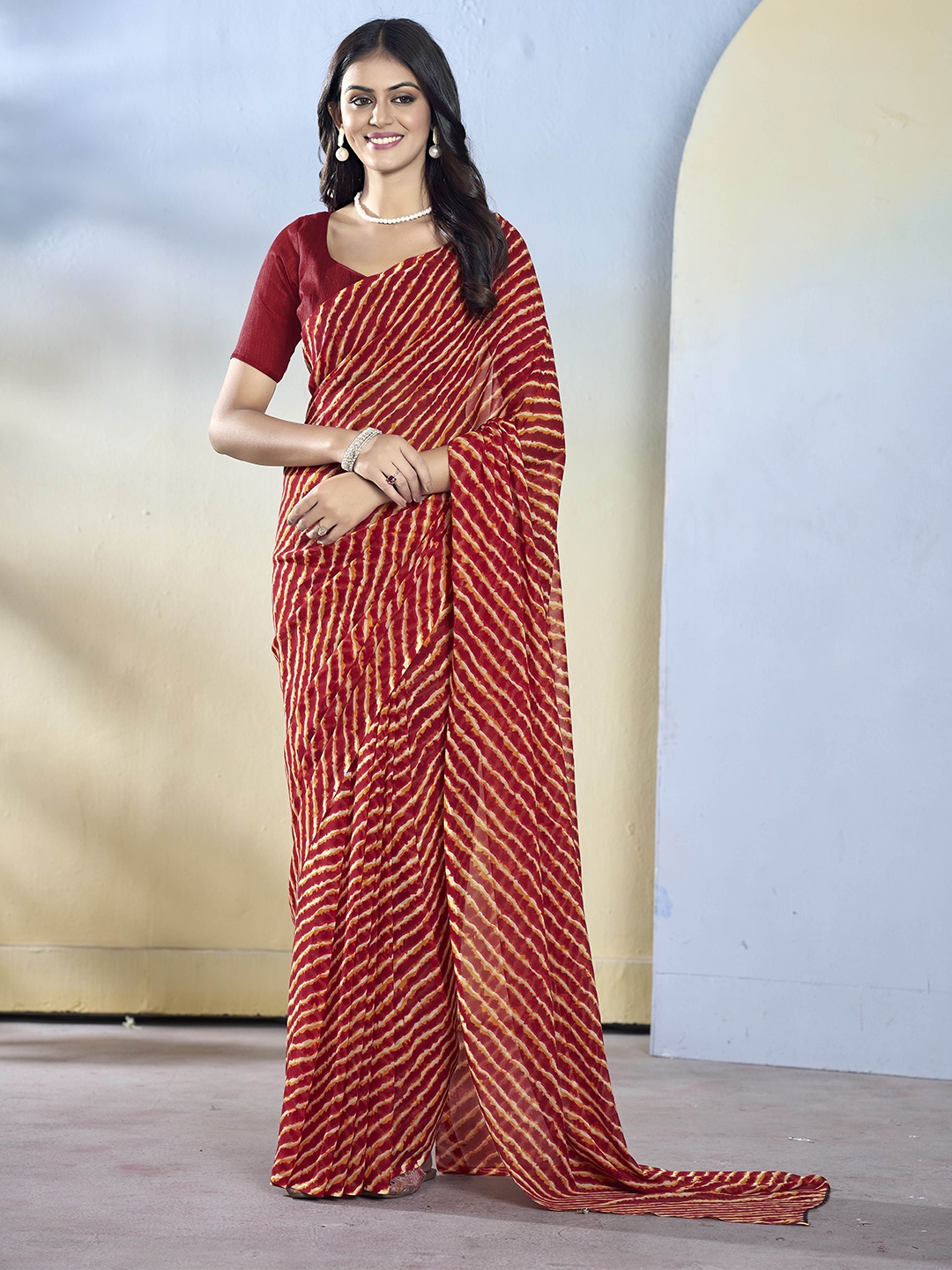 

House of Pataudi Striped Leheriya Saree With Blouse Piece, Red