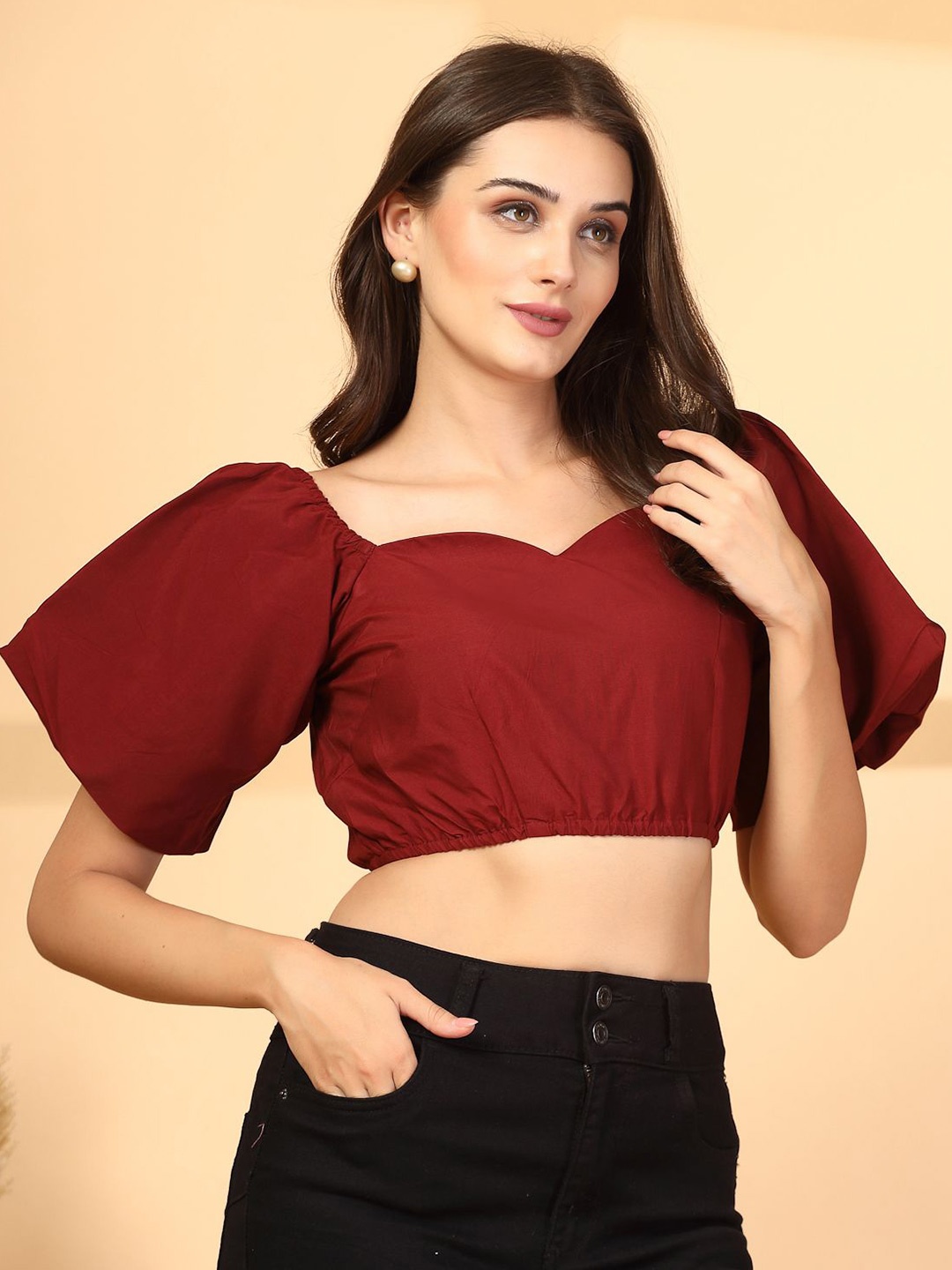 

plusS Women Sweetheart Neck Short Sleeves Cotton Crop Top, Rust