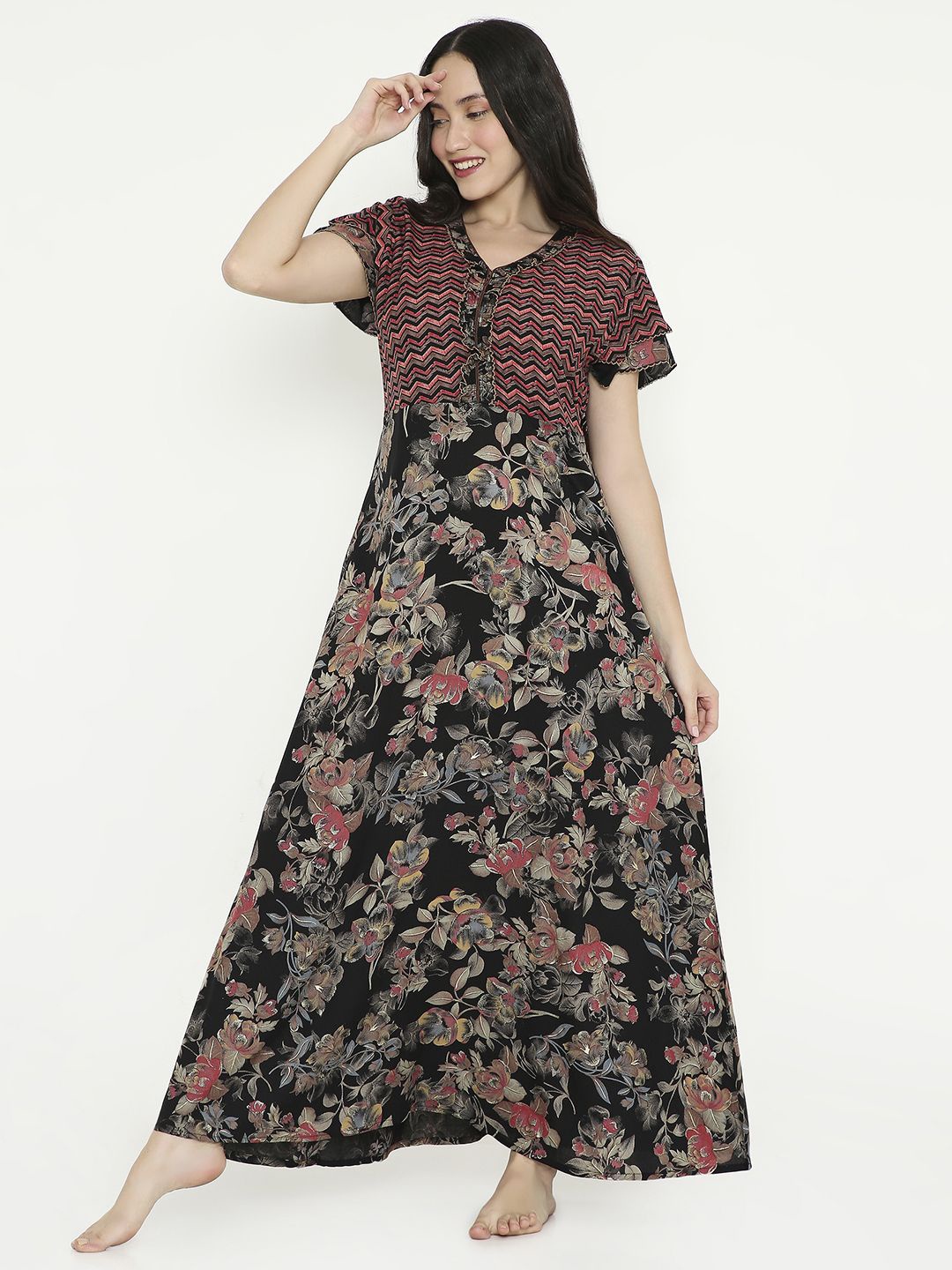 

NIGHTSPREE Women Printed V-Neck Maxi Nightdress, Black