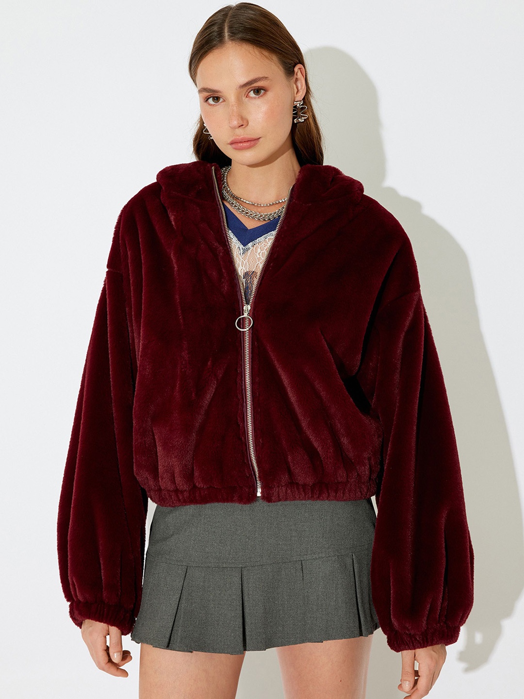 

Koton Women Spread Collar Solid Casual Padded Jacket, Maroon