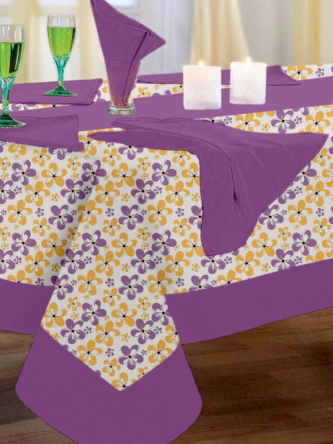 

Lushomes Purple & Yellow 8 Pieces Floral Printed Pure Cotton Table Covers