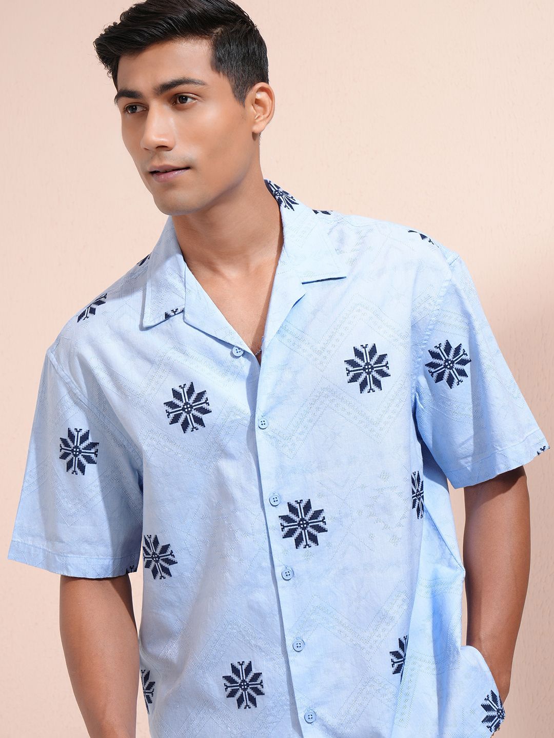 

LOCOMOTIVE Men Cuban Collar Geometric Printed Cotton Oversized Casual Shirt, Blue