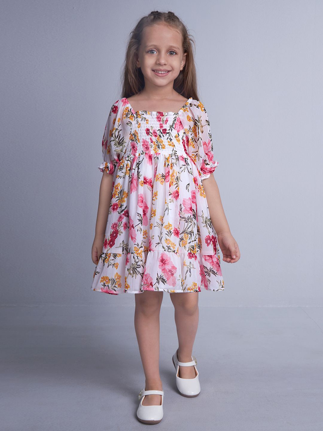 

Soleilclo Girls Floral Print Puff Sleeve Fit & Flare Dress, White