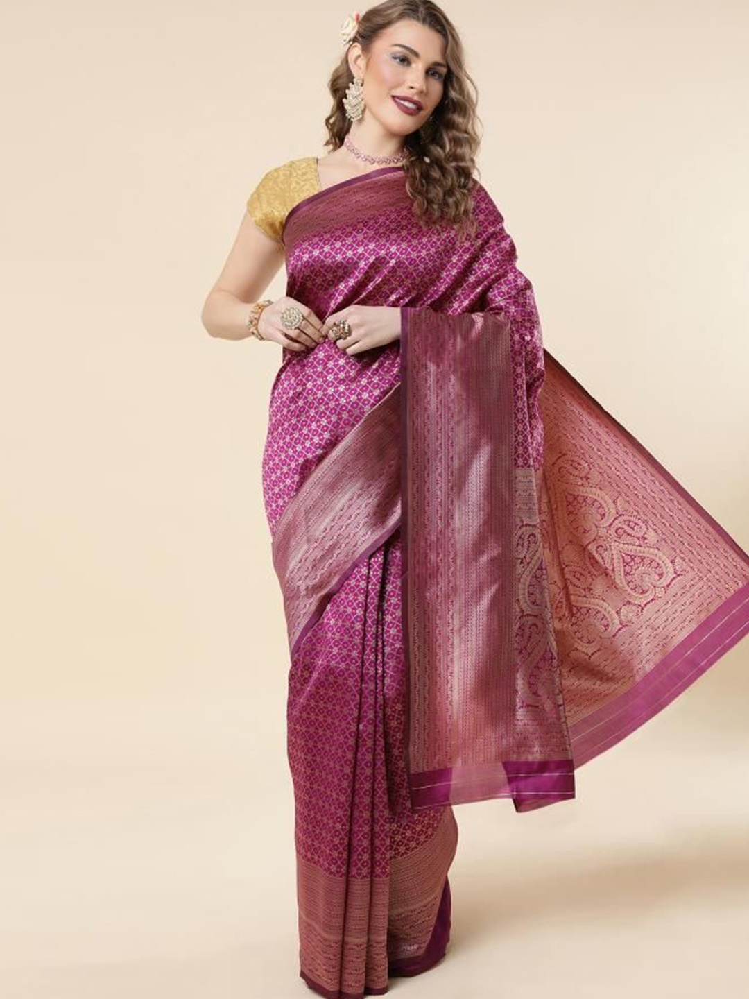 

KALINI Ethnic Motifs Zari Pure Silk Banarasi Saree, Purple