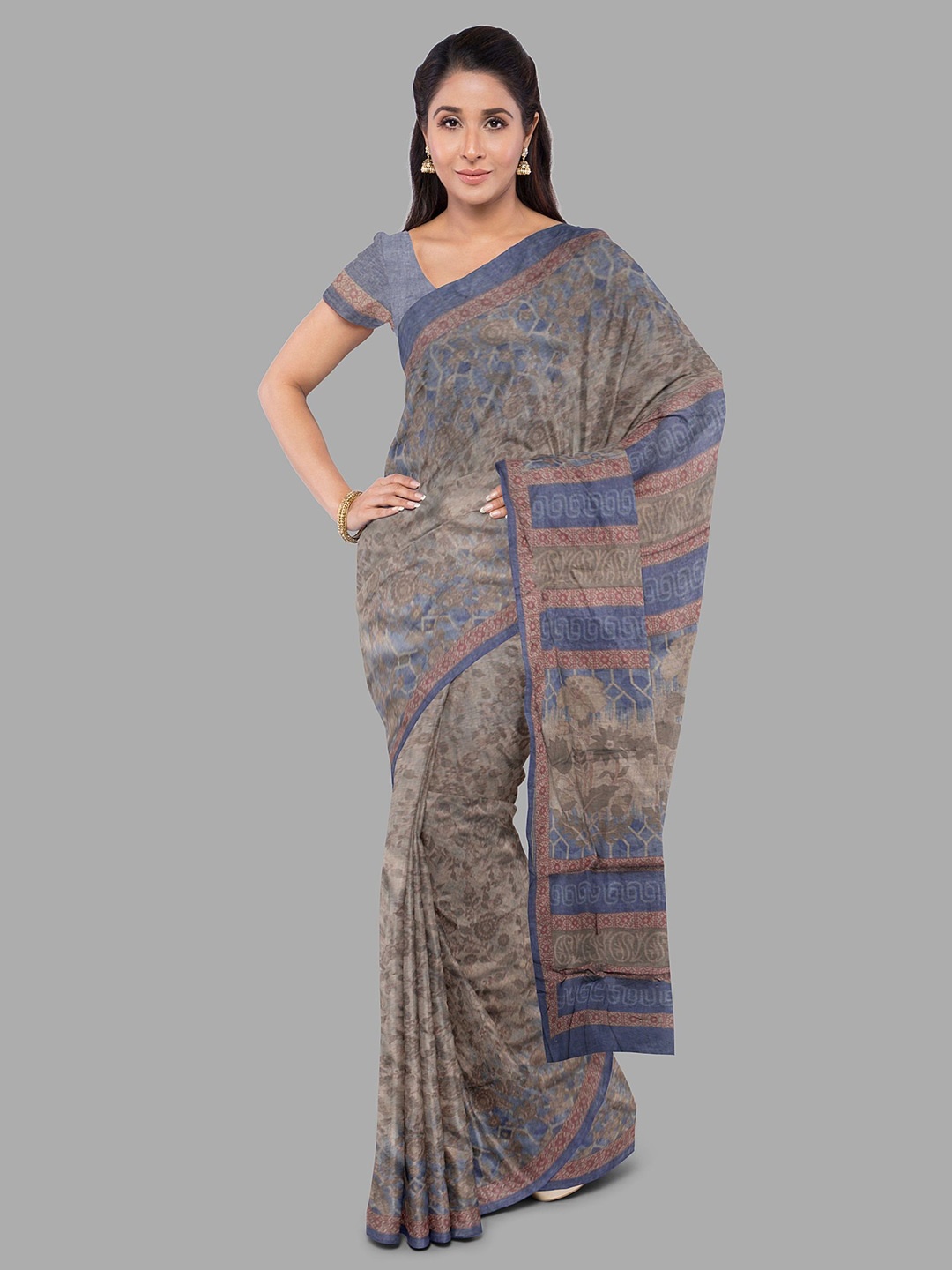 

The Chennai Silks Floral Printed Pure Cotton Gadwal Saree, Brown