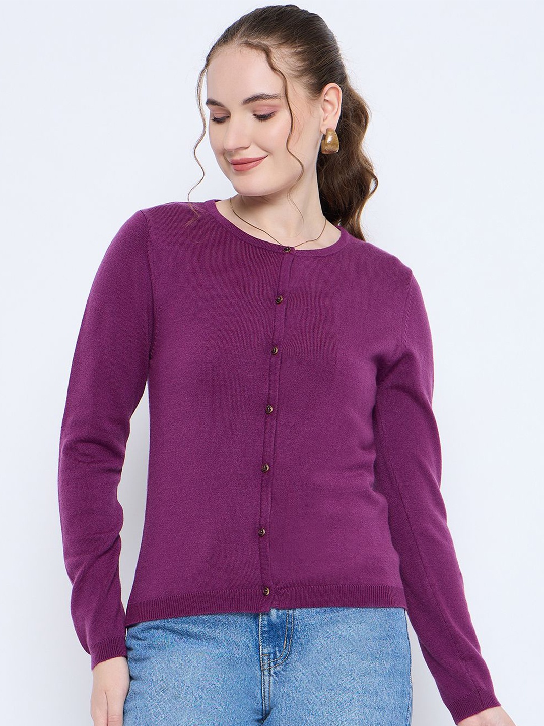 

Madame Women Long Sleeves Round Neck Cardigan Sweaters, Purple