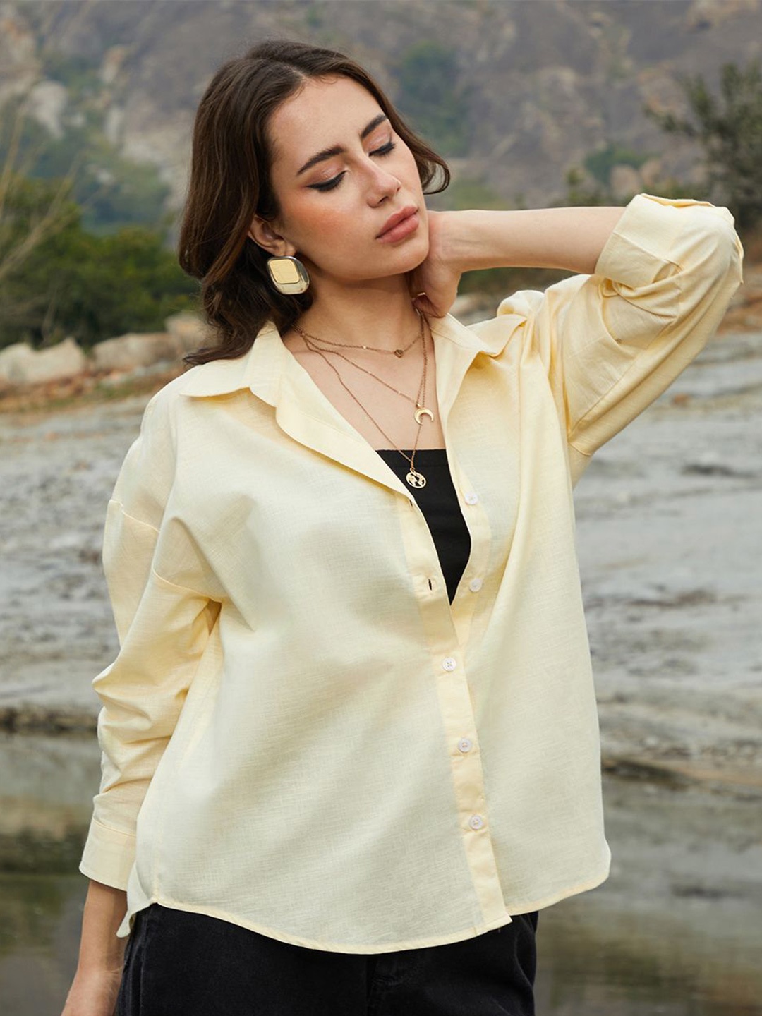 

Campus Sutra Women Comfort Spread Collar Solid Oversized Casual Shirt, Yellow