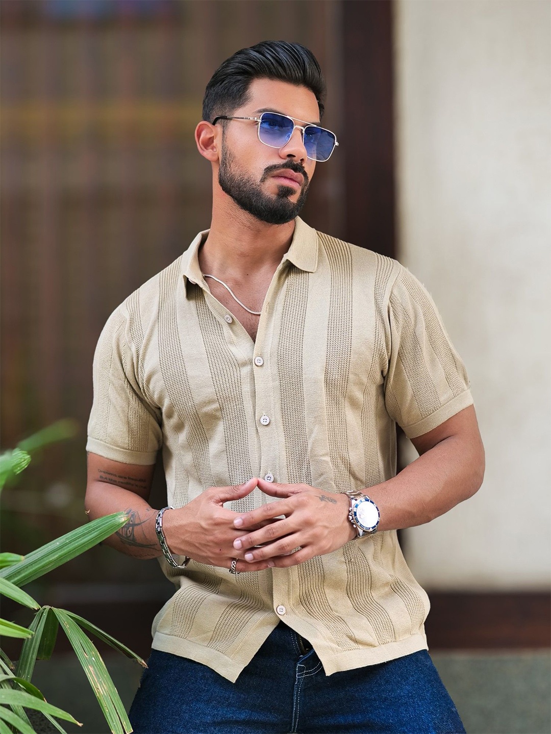 

Maniac Men Comfort Spread Collar Textured Cotton Slim Fit Casual Shirt, Beige