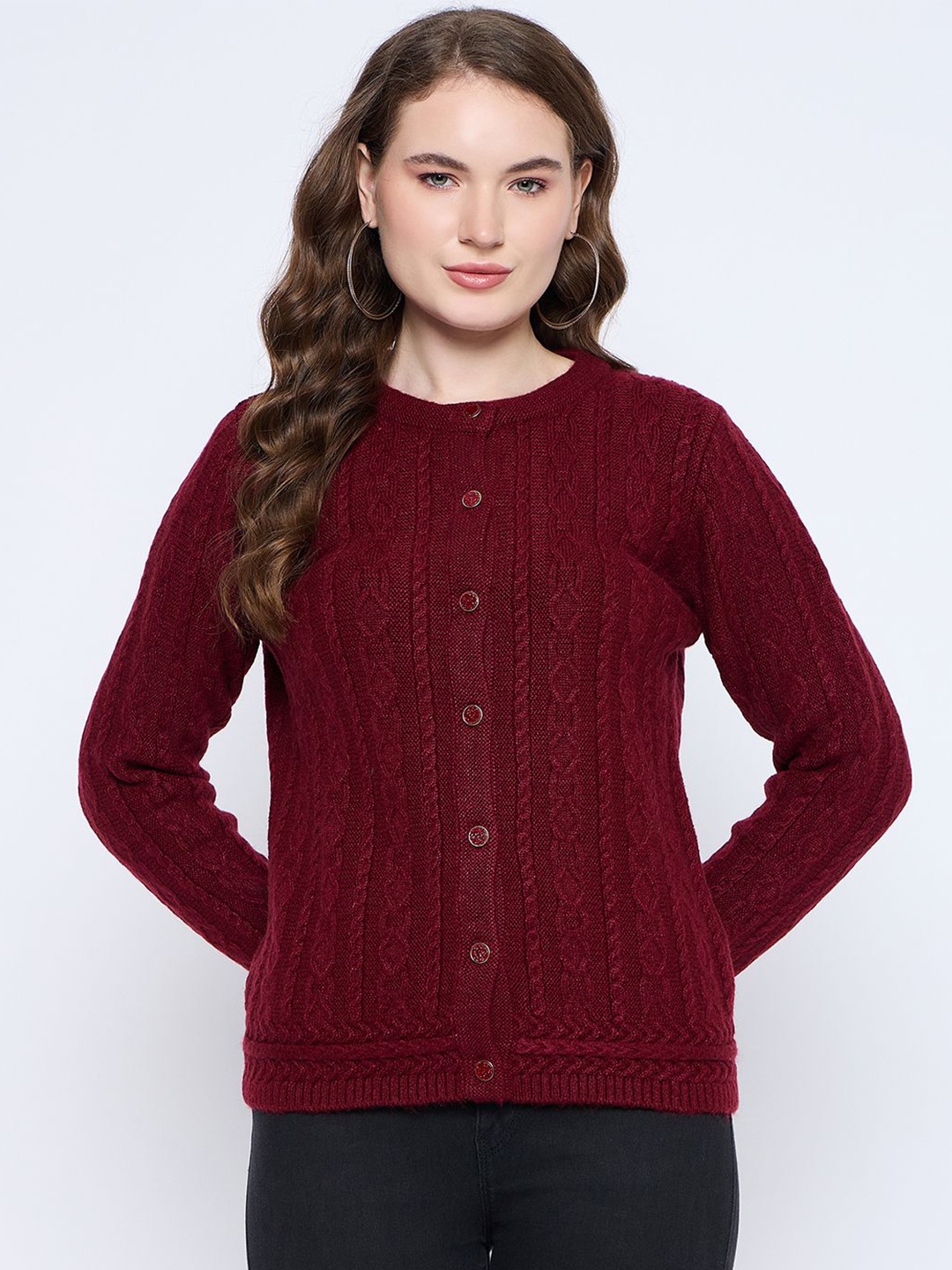 

Madame Women Cable Knit Self Design Winter Cardigan, Maroon