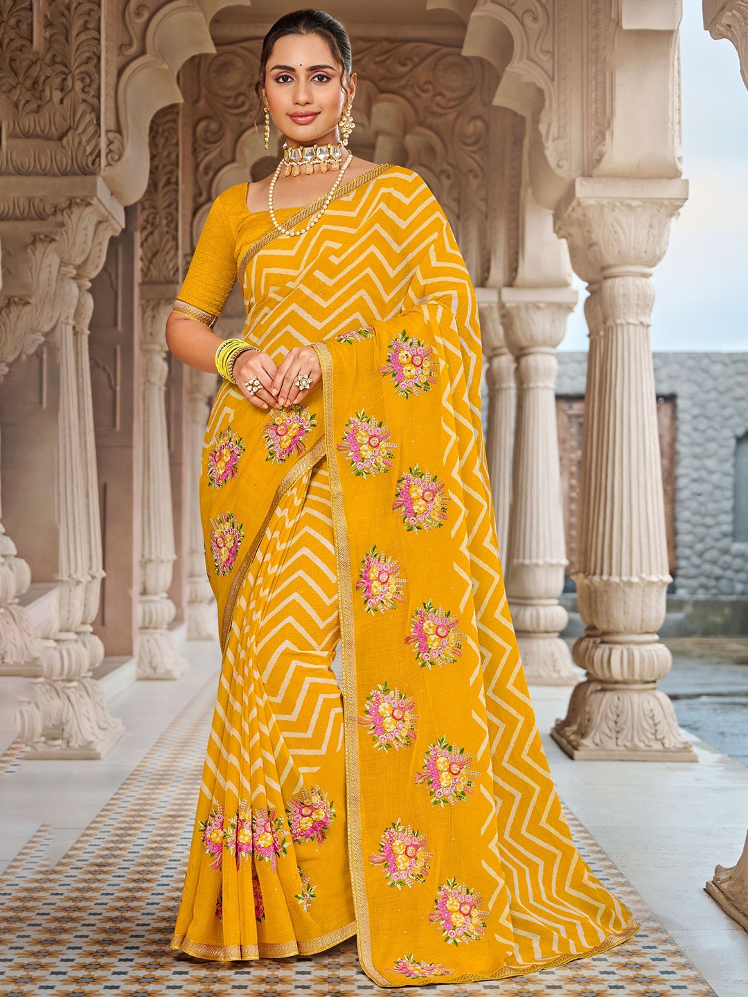 

Laxmipati Women Floral Embroidered Saree With Blouse Piece, Mustard