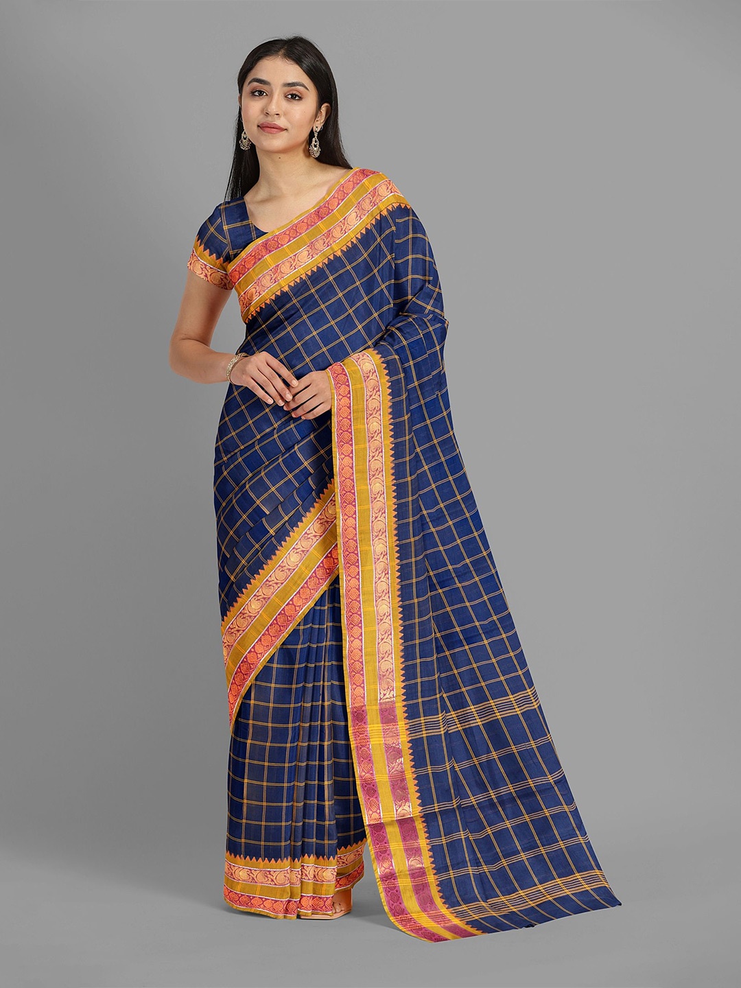 

The Chennai Silks Checked Pure Cotton Gadwal Saree, Navy blue
