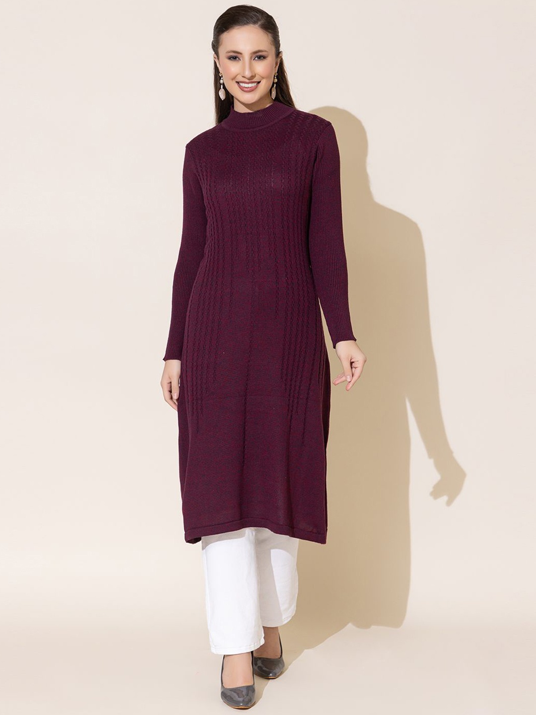 

Anouk Maroon Striped Woven Design High Neck Jacquard Straight Kurta