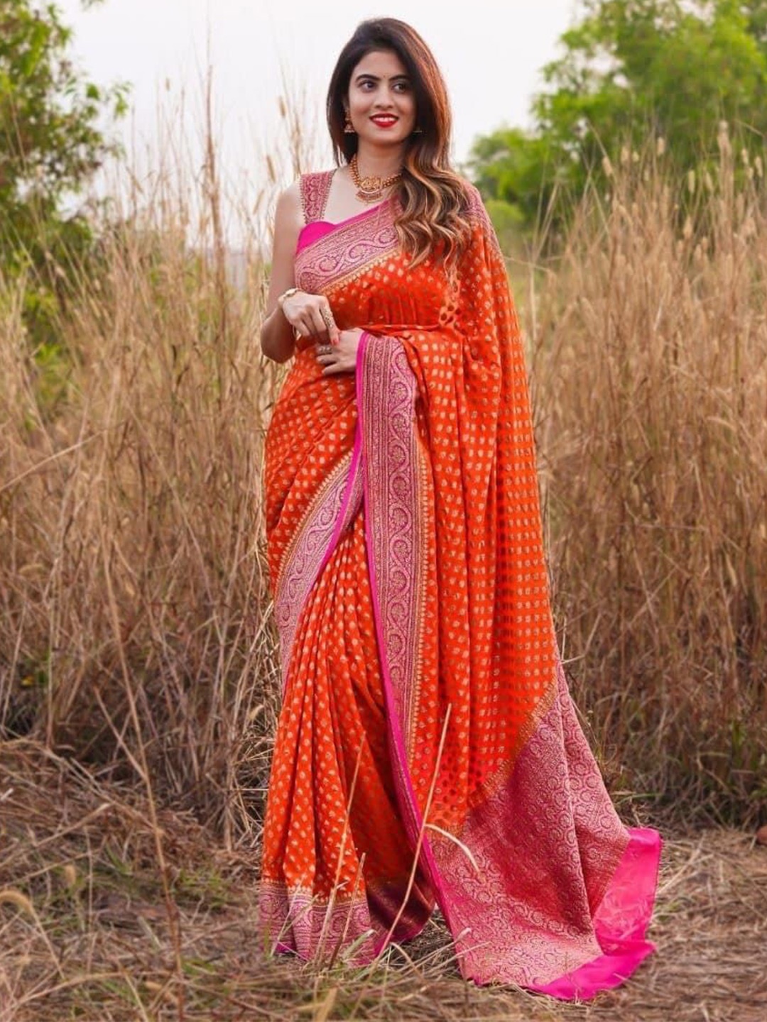 

KALINI Woven Design Zari Pure Silk Kanjeevaram Saree, Orange