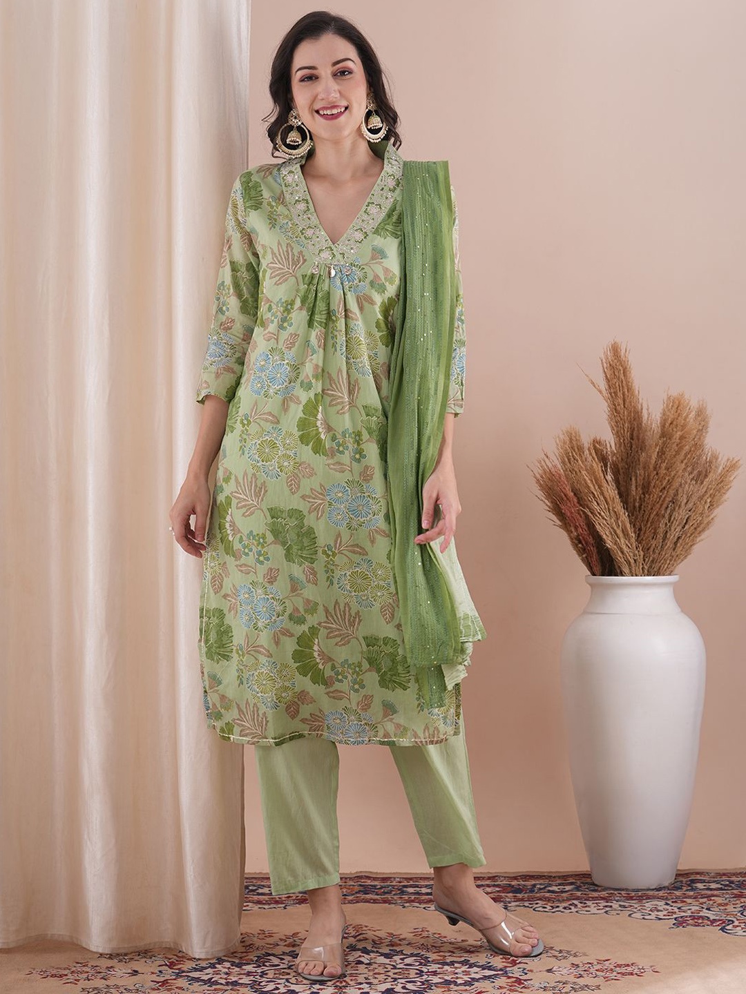 

FASHOR Ethnic Motifs Printed Pleated Pure Cotton Kurta With Trousers & Dupatta, Green