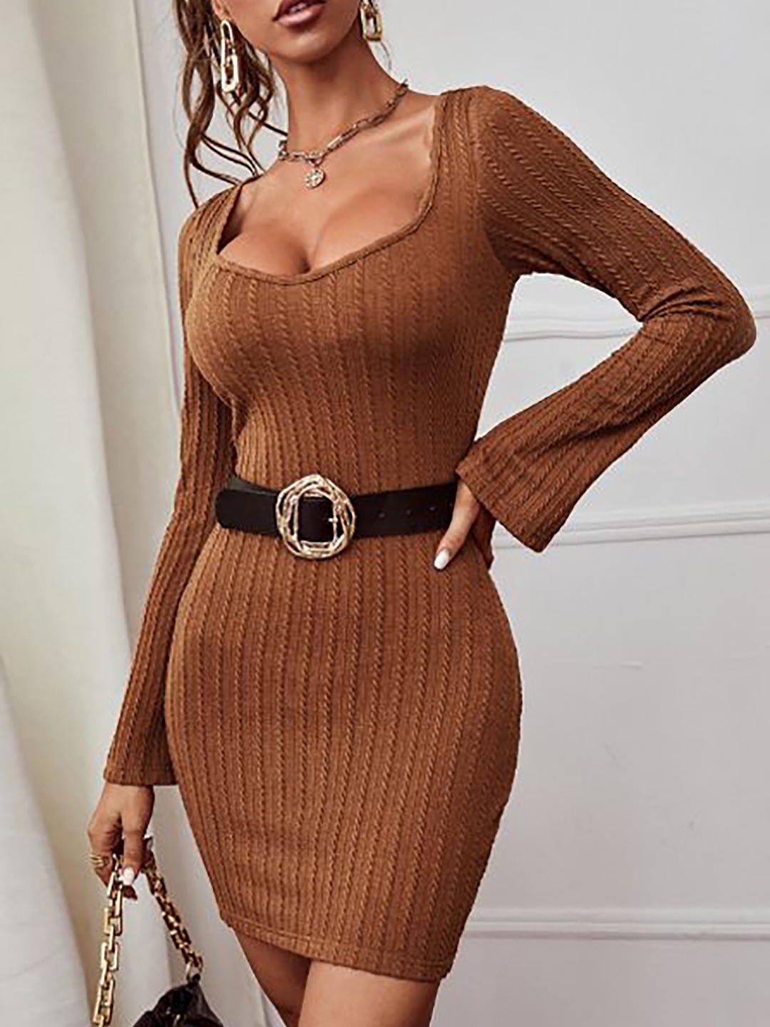 

StyleCast Women Round Neck Striped Bodycon Dress, Brown