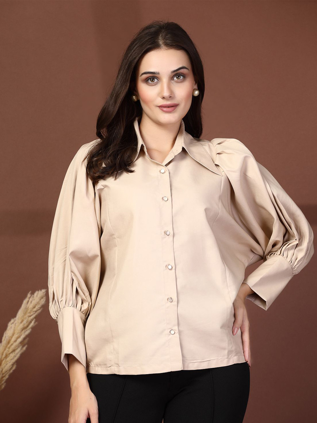 

plusS Women Spread Collar Solid Cotton Casual Shirt, Beige
