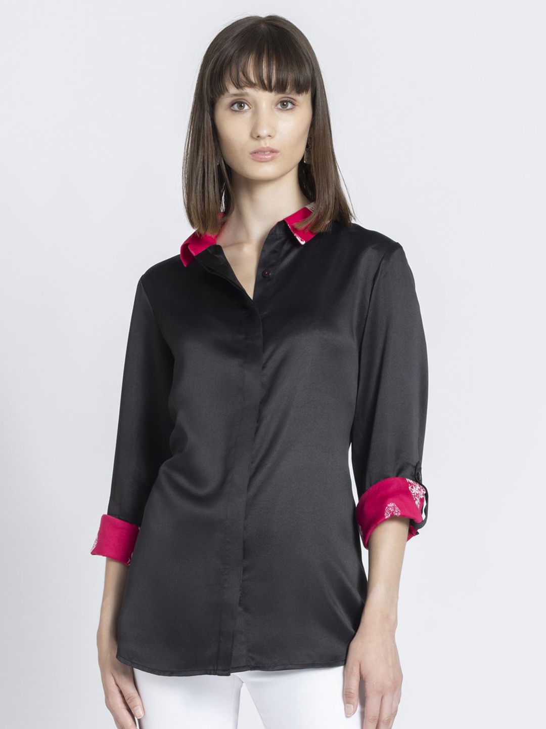 

SHAYE Women Relaxed Spread Collar Solid Satin Relaxed Fit Casual Shirt, Black