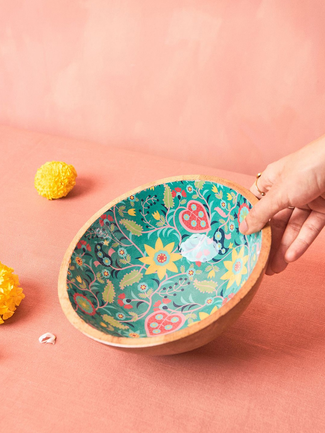 

Chumbak Blue & Pink Printed Wooden Serving Bowl Bowl 150ml