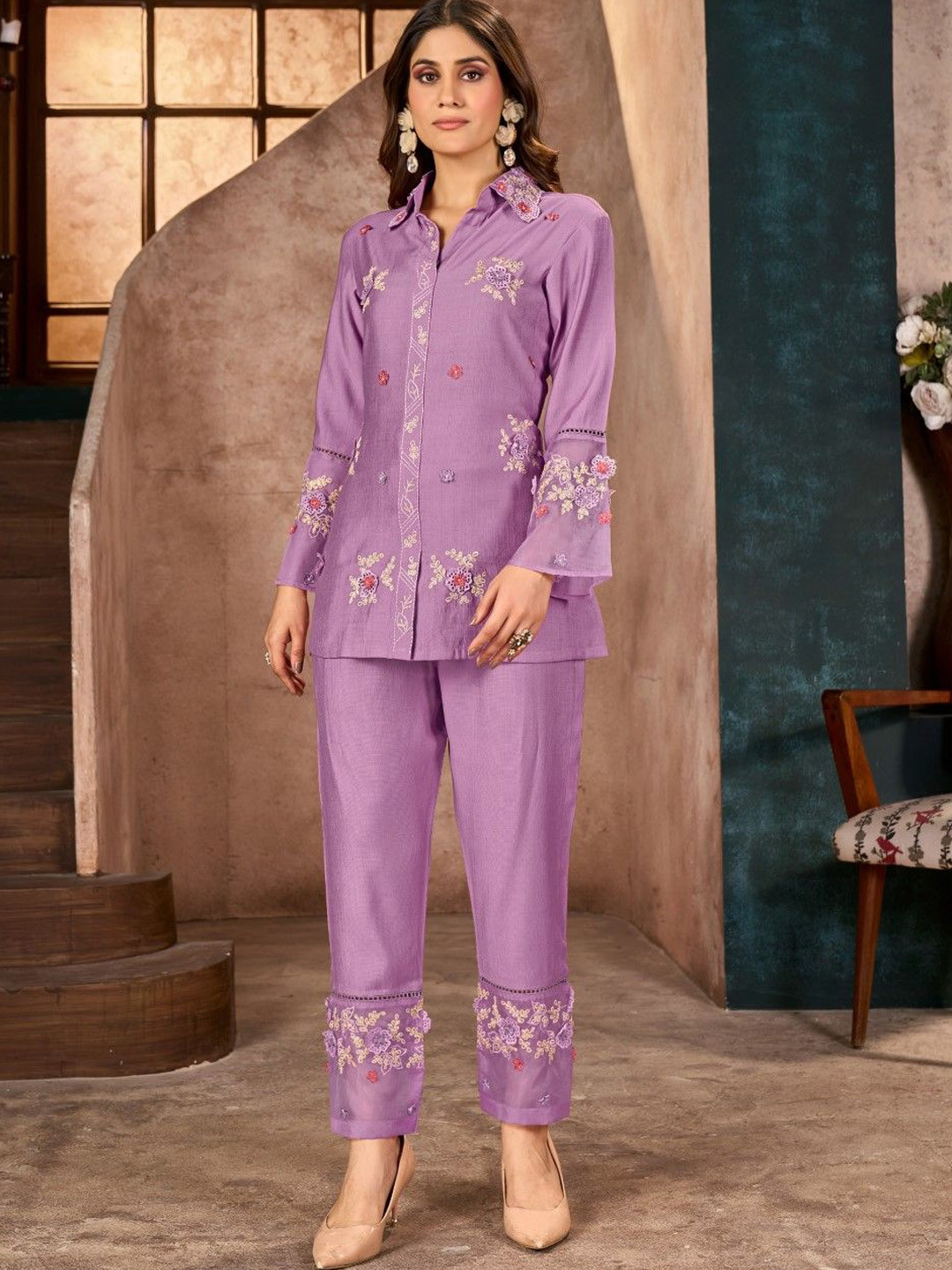 

AUTUMN LANE Embroidered Tunic With Trouser, Purple