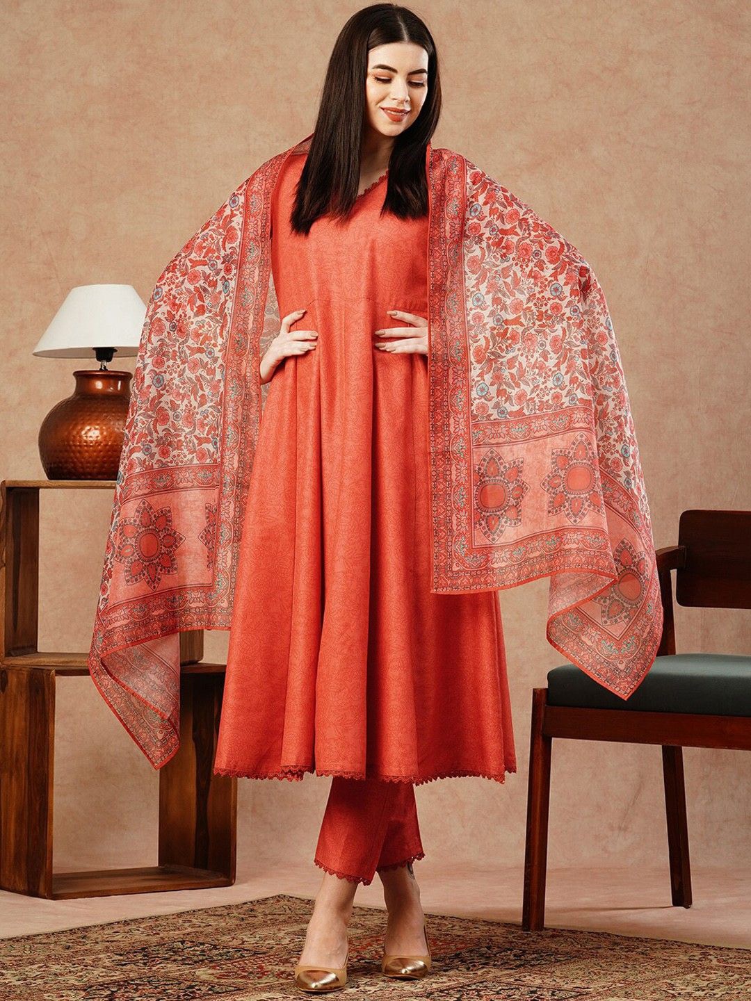 

GoSriKi V-Neck Floral Printed Anarkali Kurta with Trouser & Dupatta, Peach