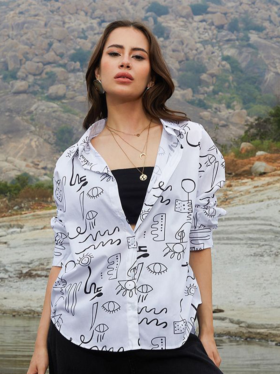 

Campus Sutra Women Comfort Spread Collar Conversational Printed Oversized Casual Shirt, White