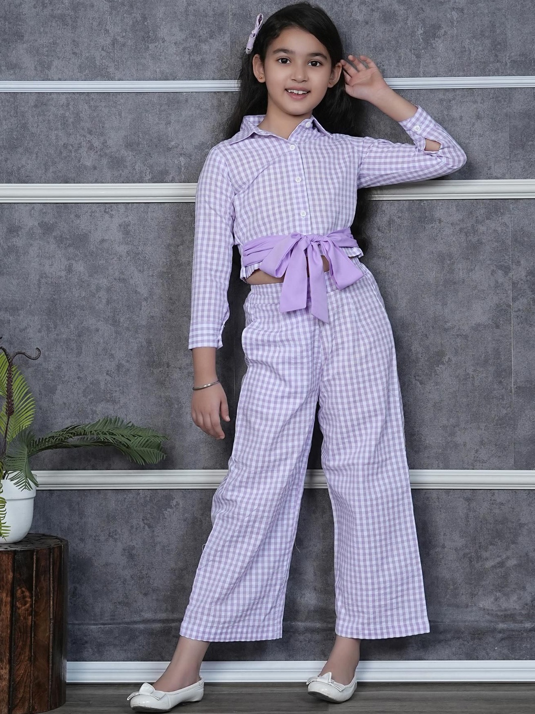 

RANJ Girls Checked Shirt With Palazzo, Purple