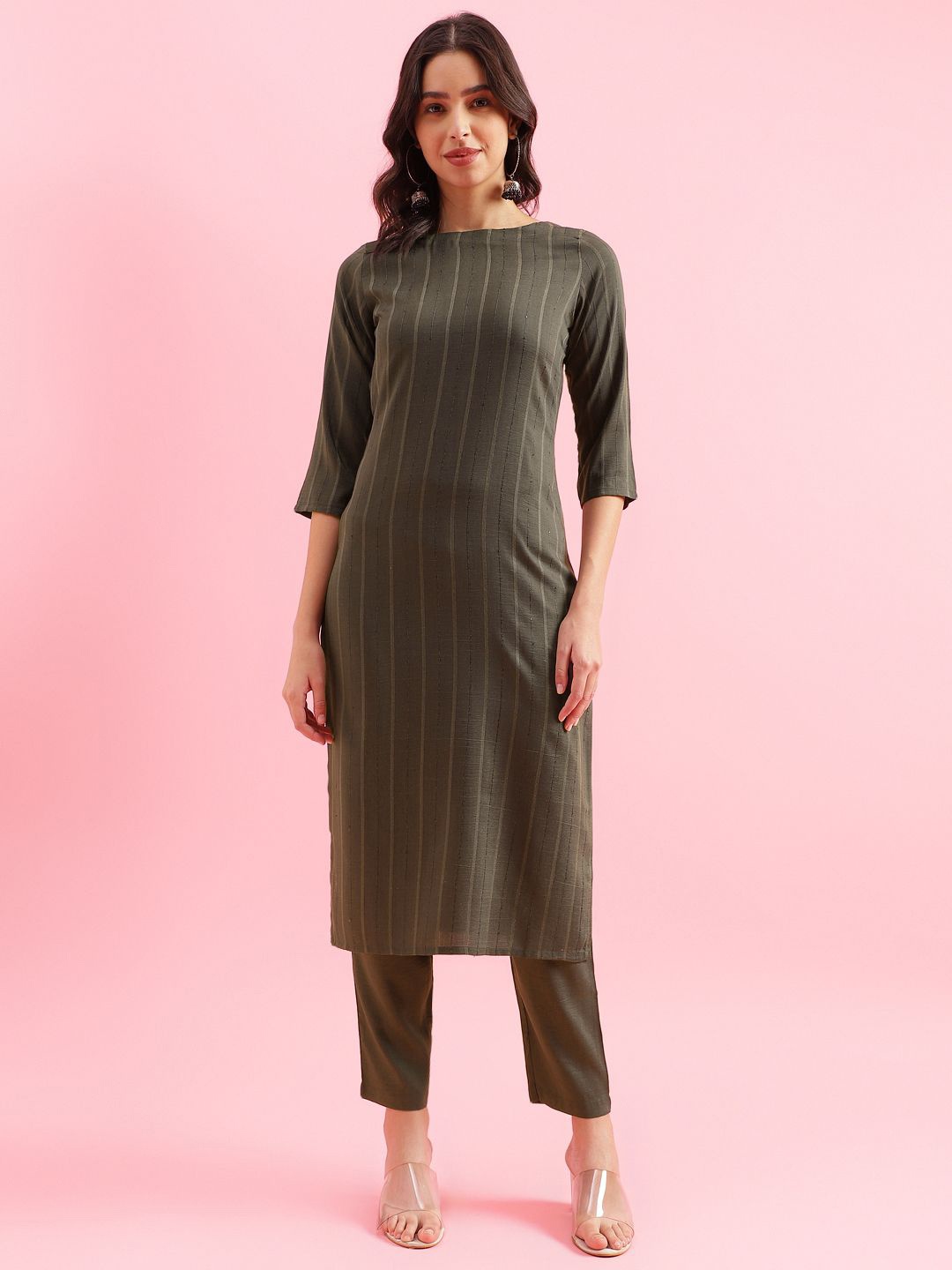 

KALINI Striped Printed Sequinned Round Neck Silk Blend Straight Kurta With Trousers, Green