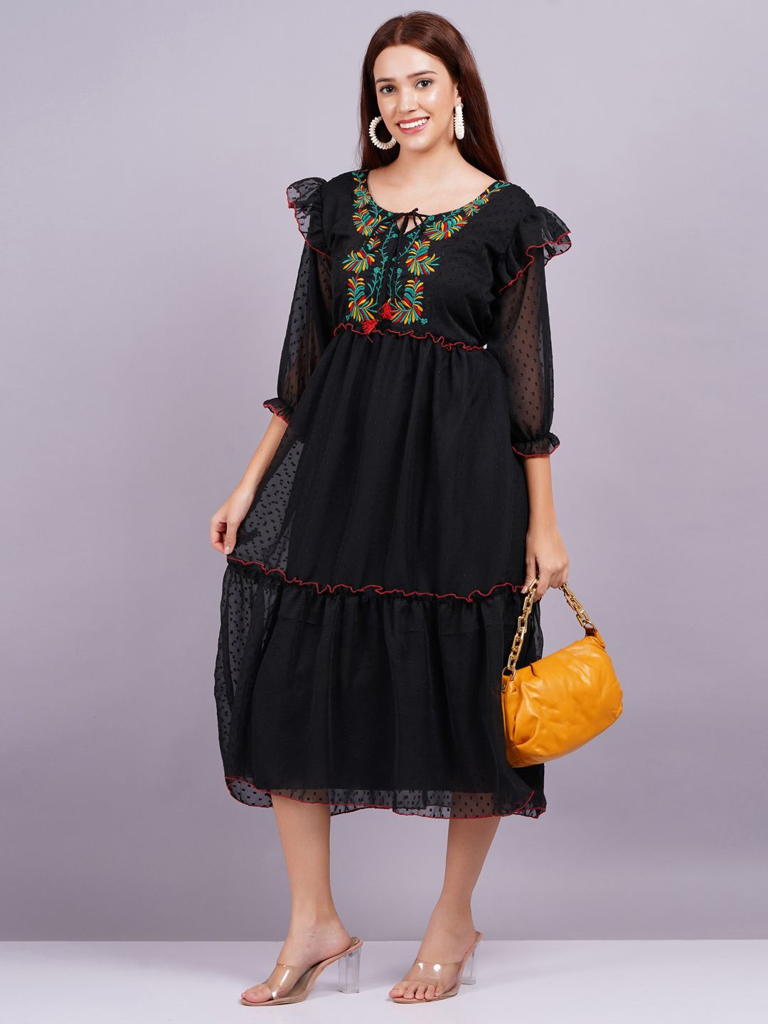 

BPT DESIGNER Women Embroidered Puff Sleeve Georgette Fit & Flare Midi Dress, Black