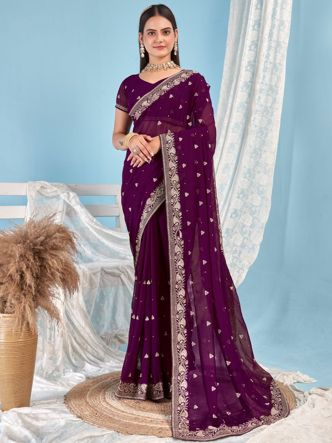 

Mitera Ethnic Motifs Embroidered Saree With Unstitched Blouse Piece, Purple