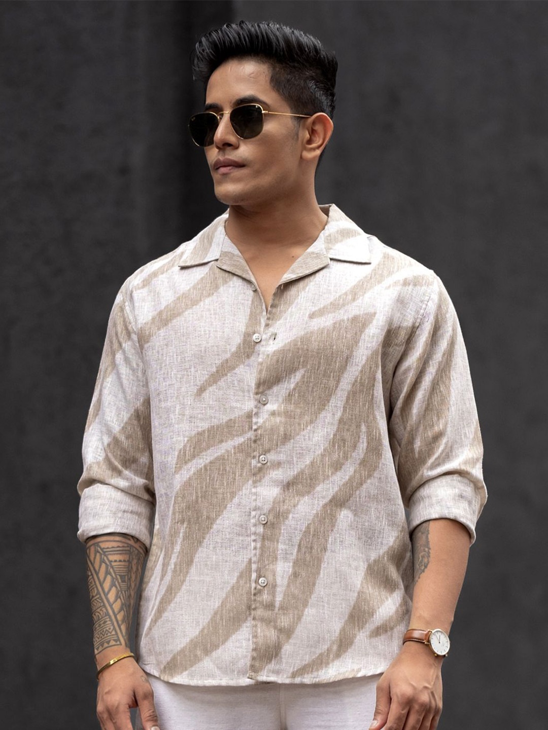 

Powerlook Men Cuban Collar Abstract Printed Casual Shirt, Off white