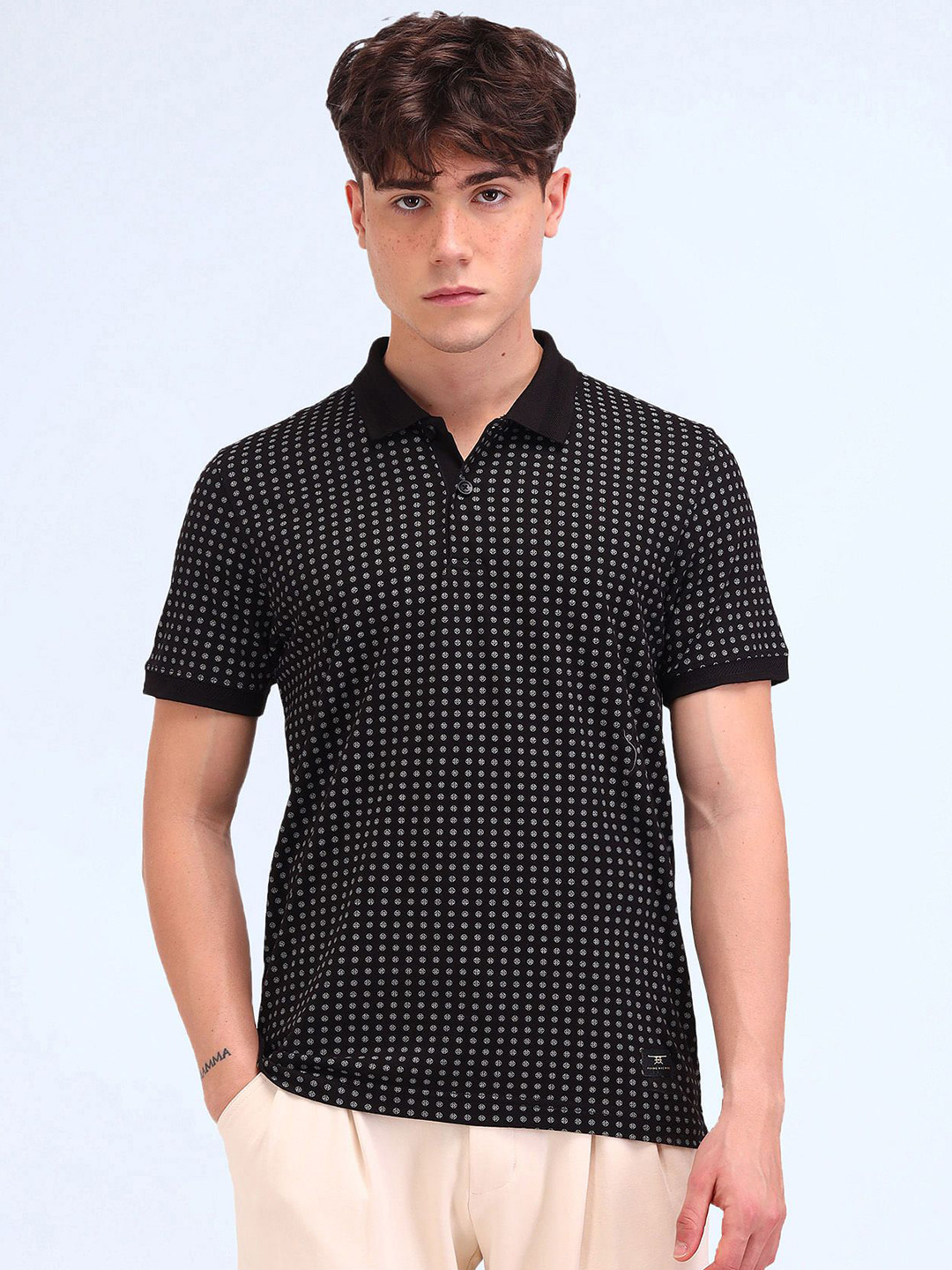

Flying Machine Men Brand Logo Printed Polo Collar Pockets T-shirt, Black