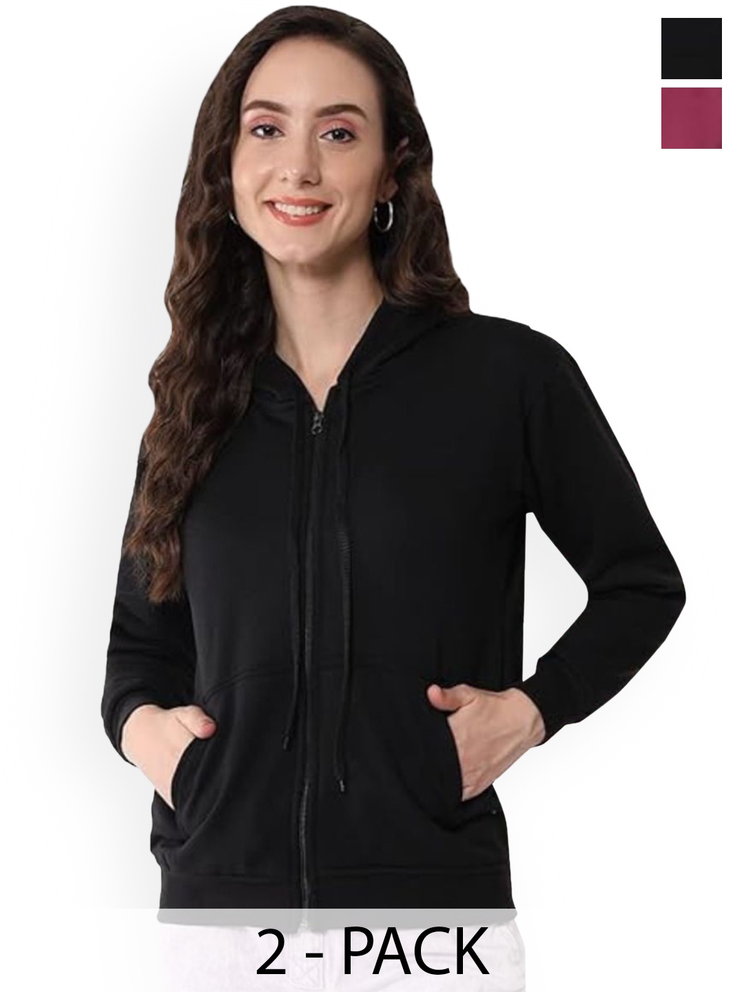 

Funday Fashion Women Pack Of 2 Hooded Solid Fleece Casual Open Front Jackets, Black