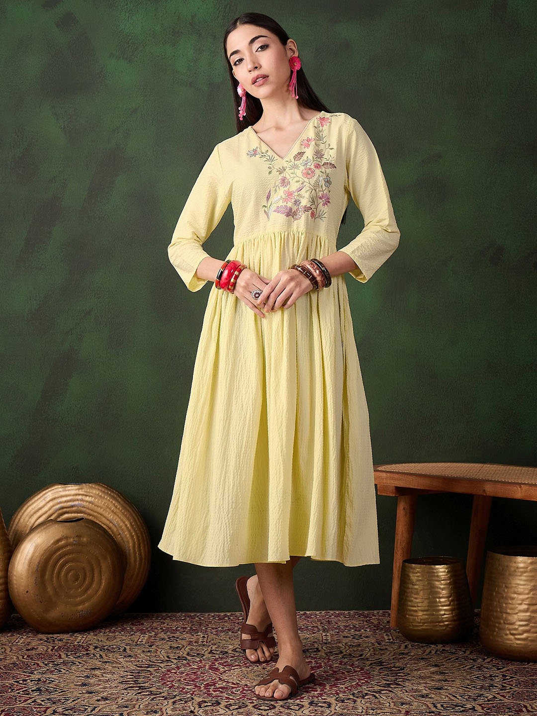 

Sangria Women Floral Embroidered Cotton Fit and Flare Midi Dress, Yellow