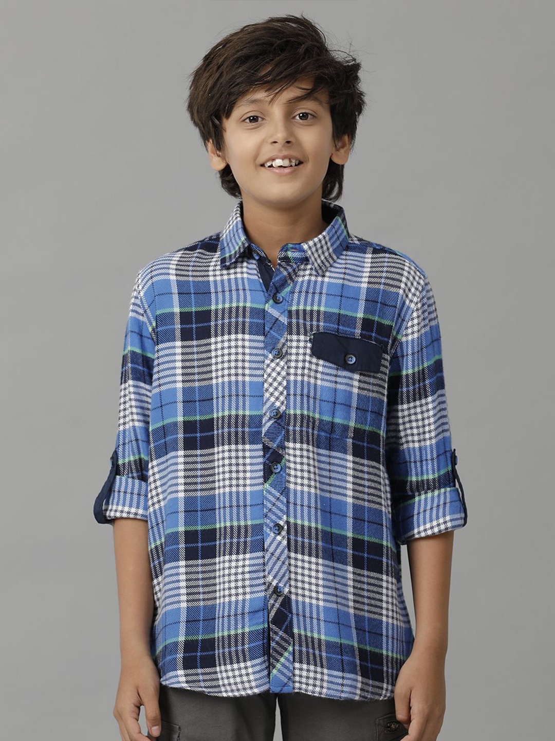 

UNDER FOURTEEN ONLY Boys Spread Collar Tartan Checked Cotton Casual Shirt, Blue