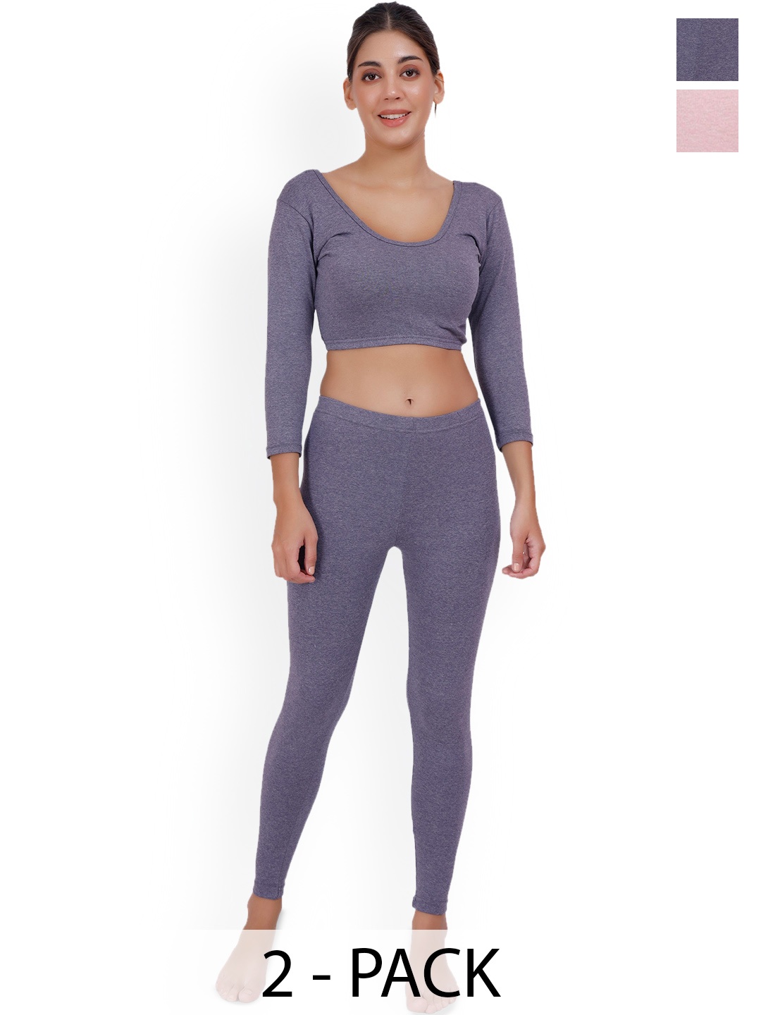 

SELFCARE Women Pack Of 2 Three-Quarter Sleeves Thermal Set, Pink