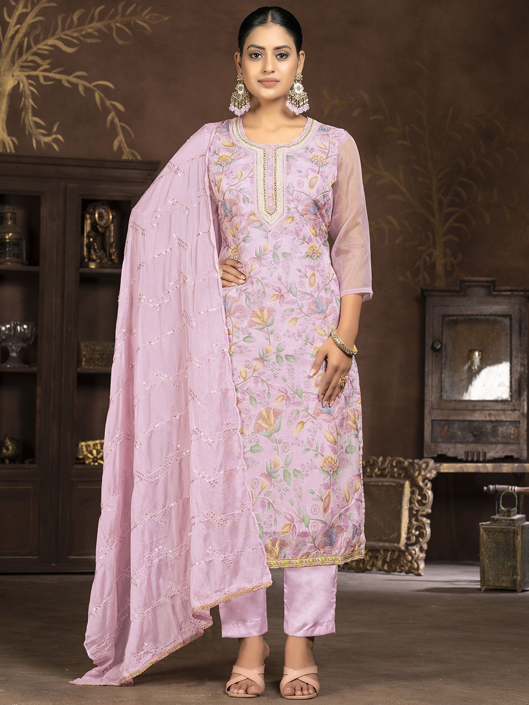 

Maroosh Floral Embroidered Sequinned Organza Unstitched Dress Material, Pink